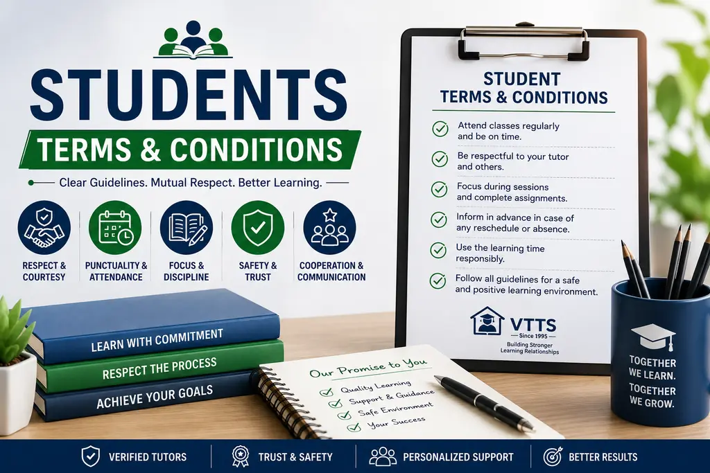 Student & Parent Terms and Conditions – VTTS 1 ✔ VTTS maintains qualification documents, ID proof, and address proof of every tutor.⚠️ VTTS keeps tutor records and identification details. However, as the tutor will be visiting your residence, parents are advised to verify the tutor's photo ID during the first meeting as an additional safety measure.📌 This verification helps ensure that the person visiting your home matches the details provided.