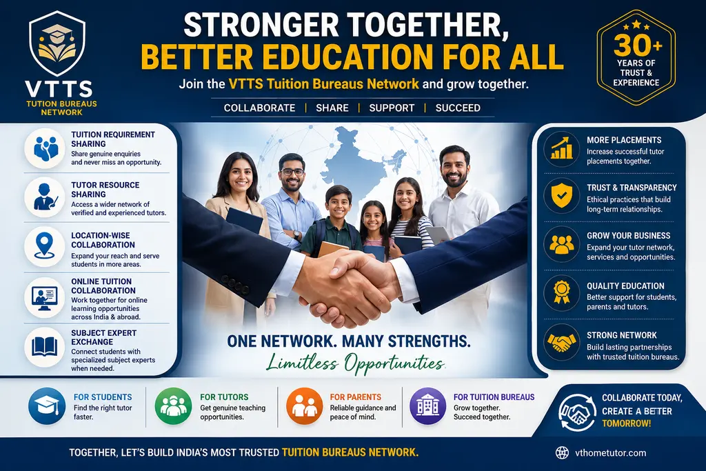 Partner with VTTS | India's Tuition Bureaus Network 1 Partner with VTTS Tuition Bureaus Network to collaborate with trusted tuition bureaus, home tutor agencies, education consultants, coaching centres, and tutor placement services across India.